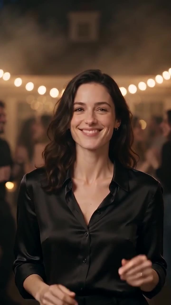 AI-generated sample: a fictional adult woman dancing at a warm, string-lit house party at night AI-generated sample: a fictional adult woman dancing at a warm, string-lit house party at night